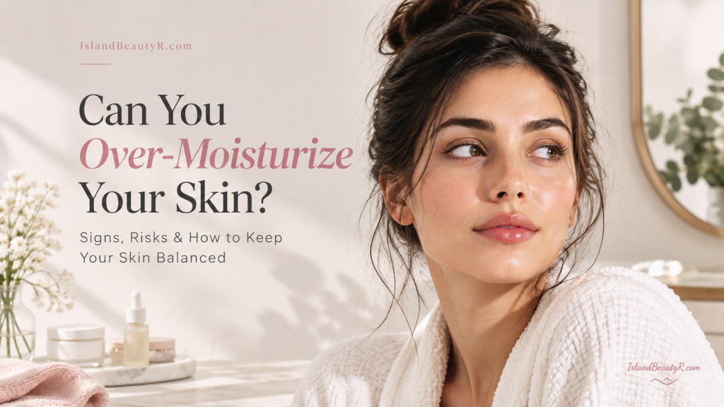 Can you over-moisturize your skin? A woman with healthy-looking skin in a minimalist skincare setting