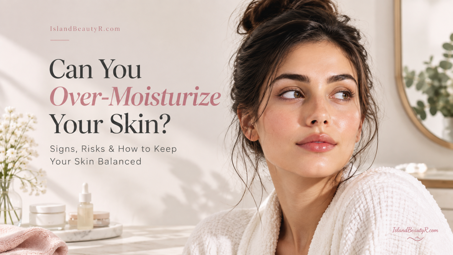 Can you over-moisturize your skin? A woman with healthy-looking skin in a minimalist skincare setting