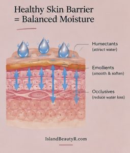 Healthy skin barrier diagram showing humectants, emollients, and occlusives for balanced moisture
