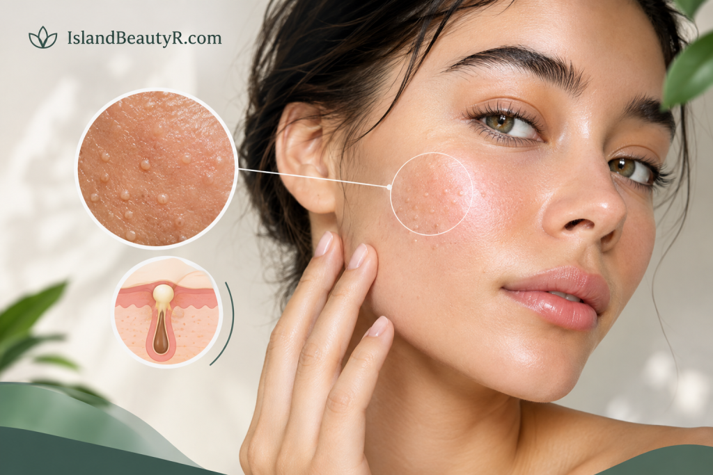 Woman with visible closed comedones and clogged pores on facial skin